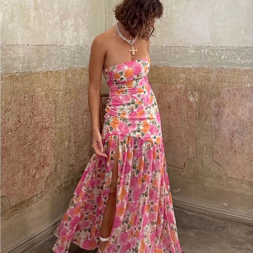 12th Tribe Floral Strapless Dress in Pink and Orange